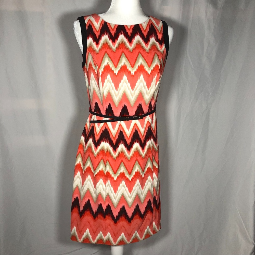 Coral Black White & Grey Chevron Belted Dress